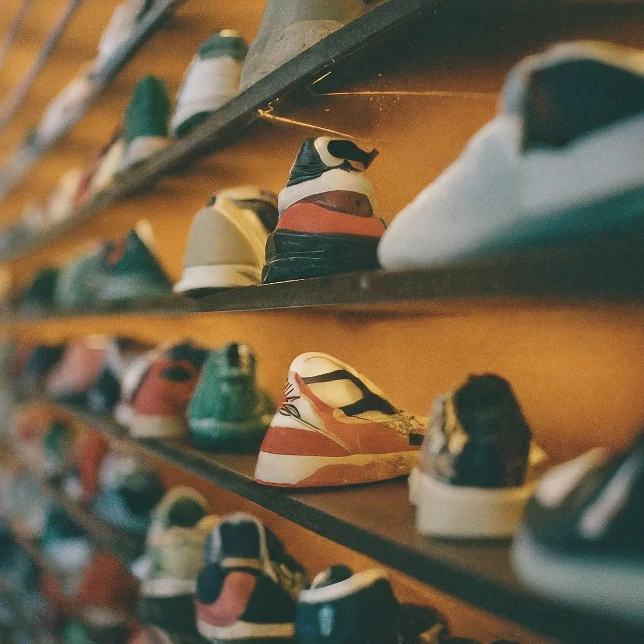 Rows of colorful, exclusive sneakers on illuminated shelves. 35mm stock photo