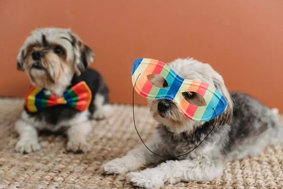 Obedient purebred Yorkshire Terriers in multicolored festive accessories lying on carpet against brown background in light room