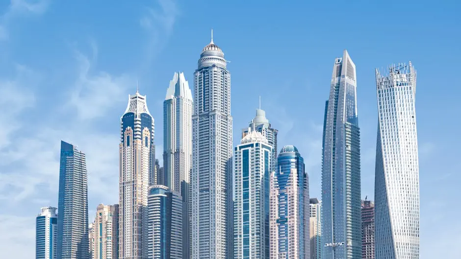 Stunning view of Dubai’s iconic skyscrapers under a clear blue sky.