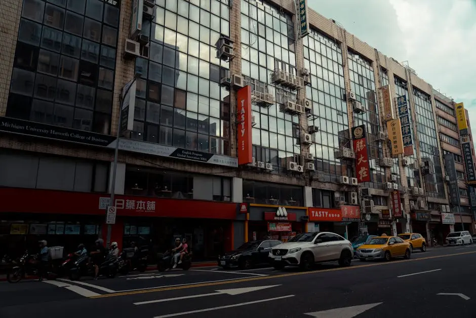 Facade of a Modern Building by the Street in Taipei, Taiwan