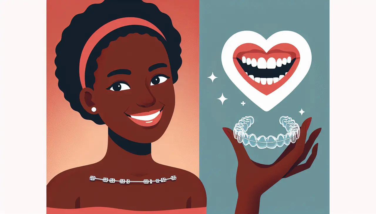 Draw a graphic in flat design style. A smiling person with clear aligners in their mouth, holding traditional braces in their hand, with a heart symbol above the aligners.