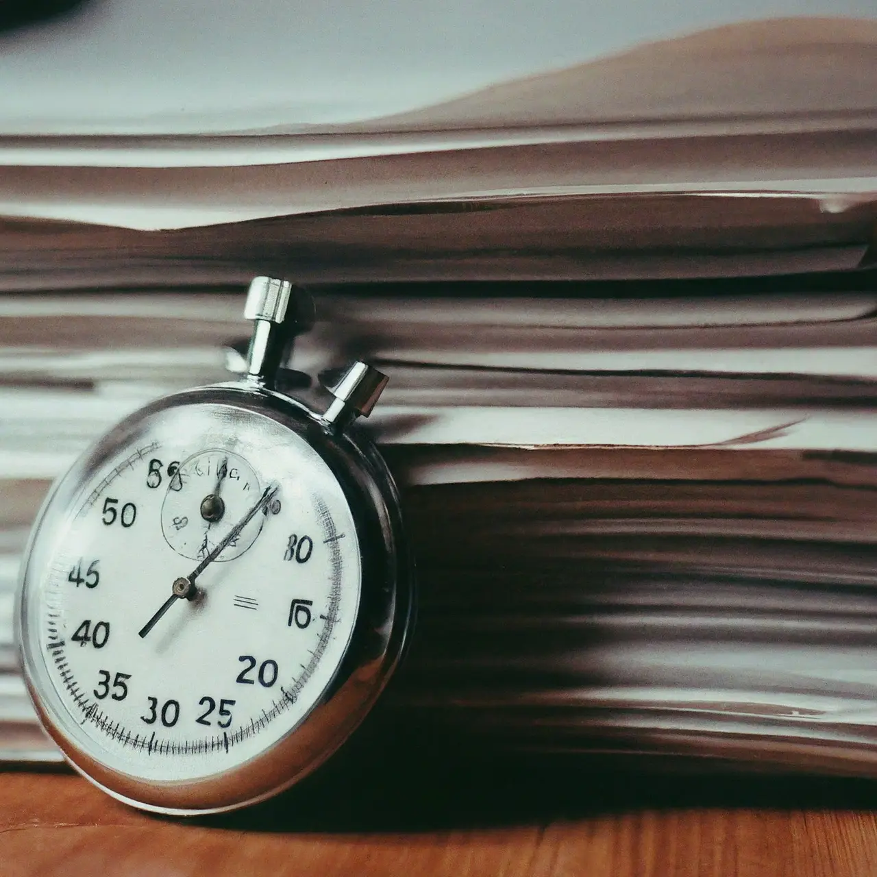 A stopwatch next to a stack of papers. 35mm stock photo