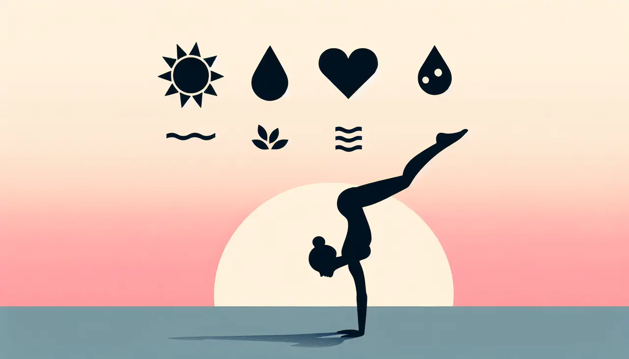 Draw a graphic in flat design style. A simple flat design of a person doing a handstand against a gradient background, with minimal icons representing the sun, water, and a heart to suggest health benefits.