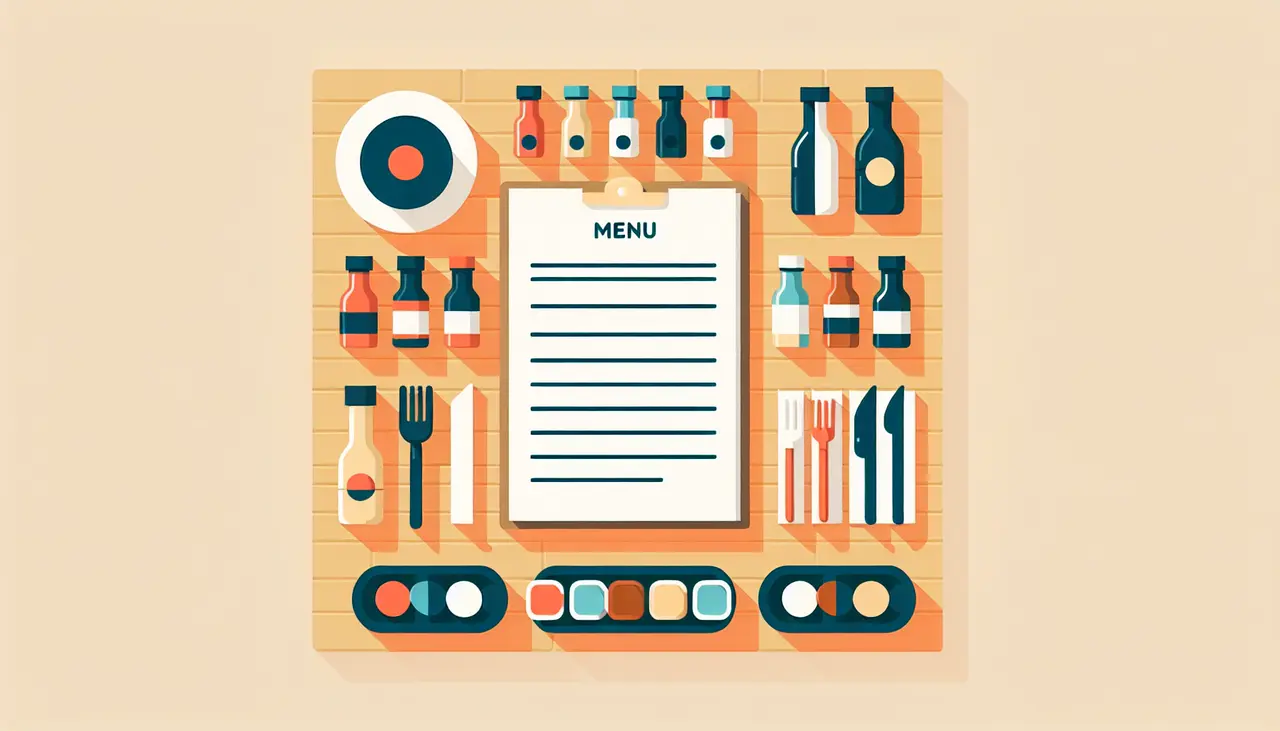 Draw a graphic in flat design style. A minimalistic flat design style image of a neatly arranged menu with various sauce bottles and small dishes of sauce surrounding it.