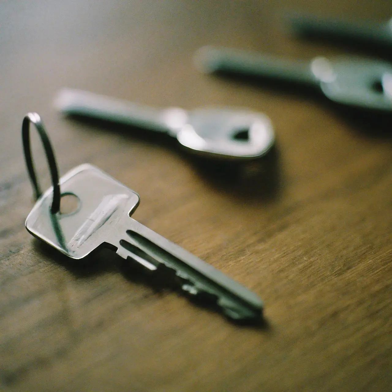 A set of house keys on a wooden table. 35mm stock photo