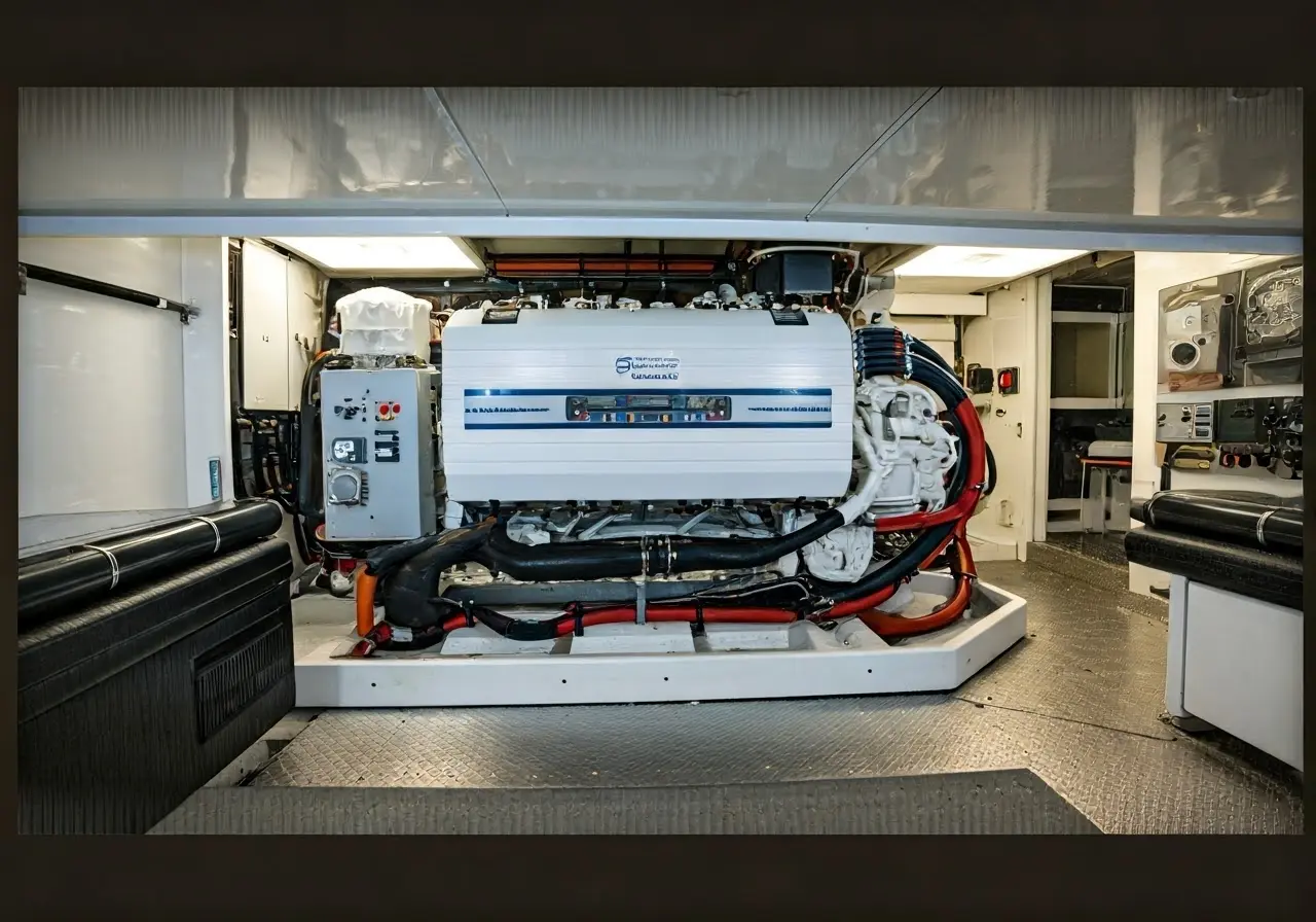 A modern yacht with a visible power inverter in the engine room. 35mm stock photo