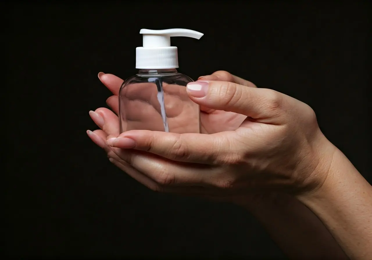 A close-up of hands applying organic lotion from a bottle. 35mm stock photo