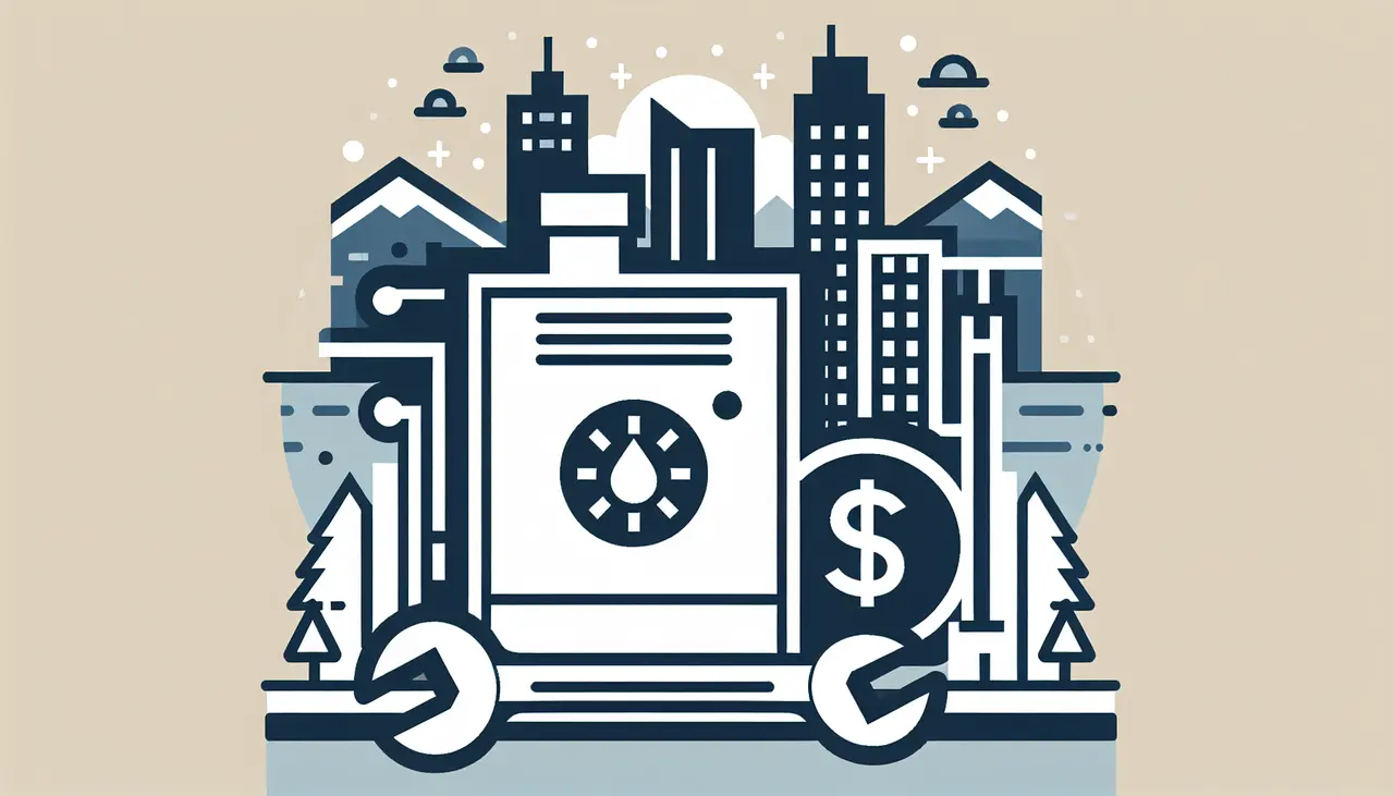 Draw a graphic in flat design style. An image of a furnace with a wrench and dollar sign symbols, all placed within a minimalist Denver skyline silhouette.