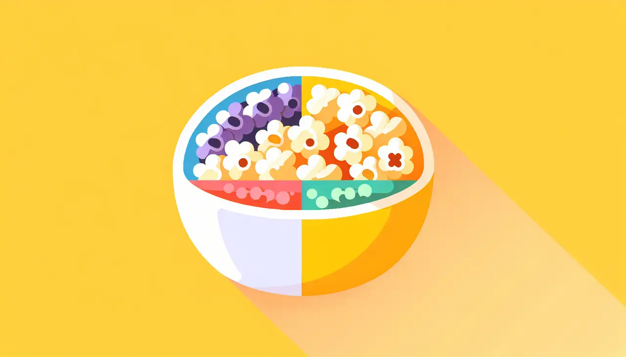 Draw a graphic in flat design style. A bowl of popcorn with five differently colored popcorn sections, each representing a unique flavor, with a cheerful background.