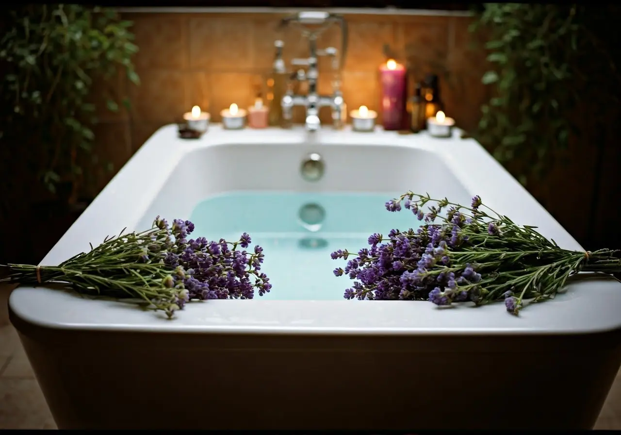 A serene bath surrounded by fresh sweet herbs and candles. 35mm stock photo