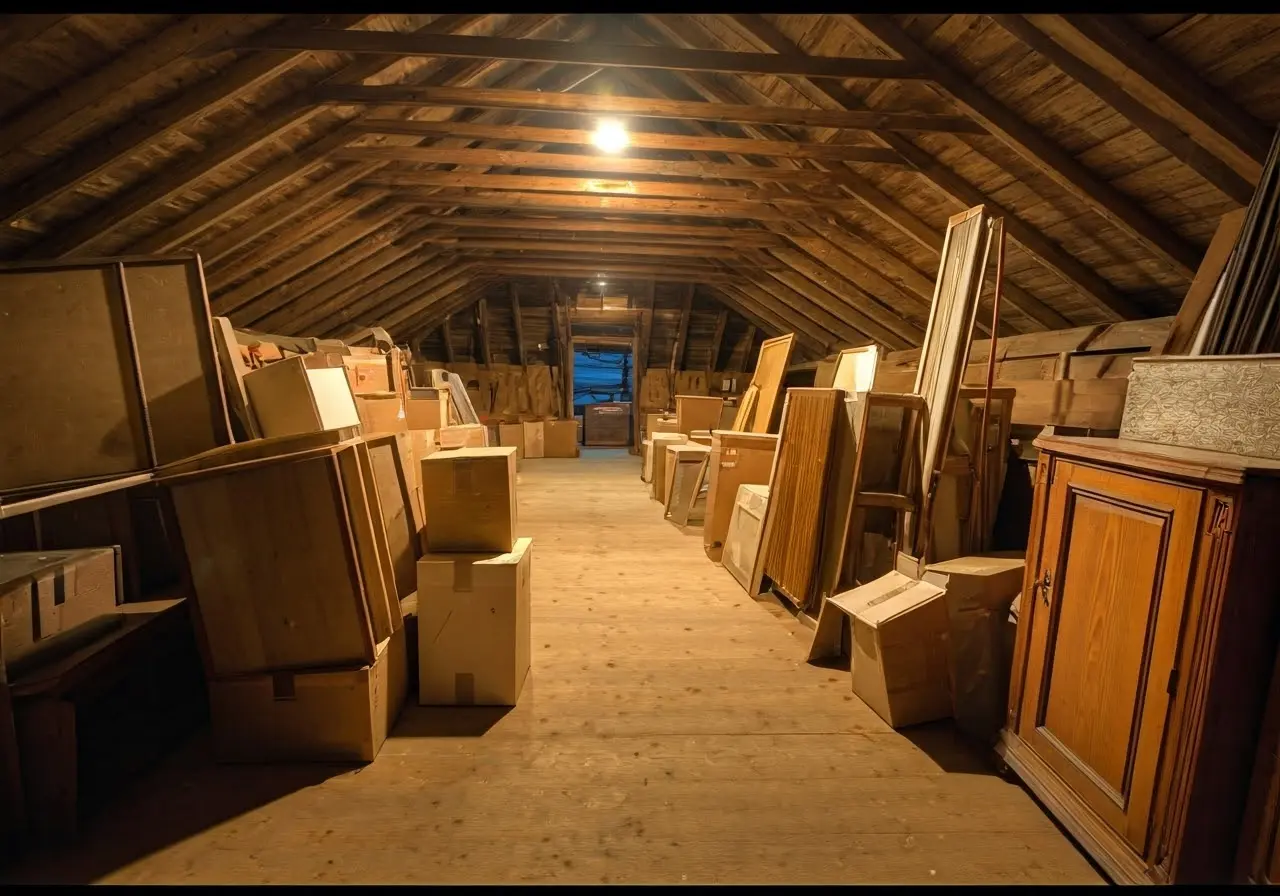 A cluttered attic filled with old furniture and boxes. 35mm stock photo