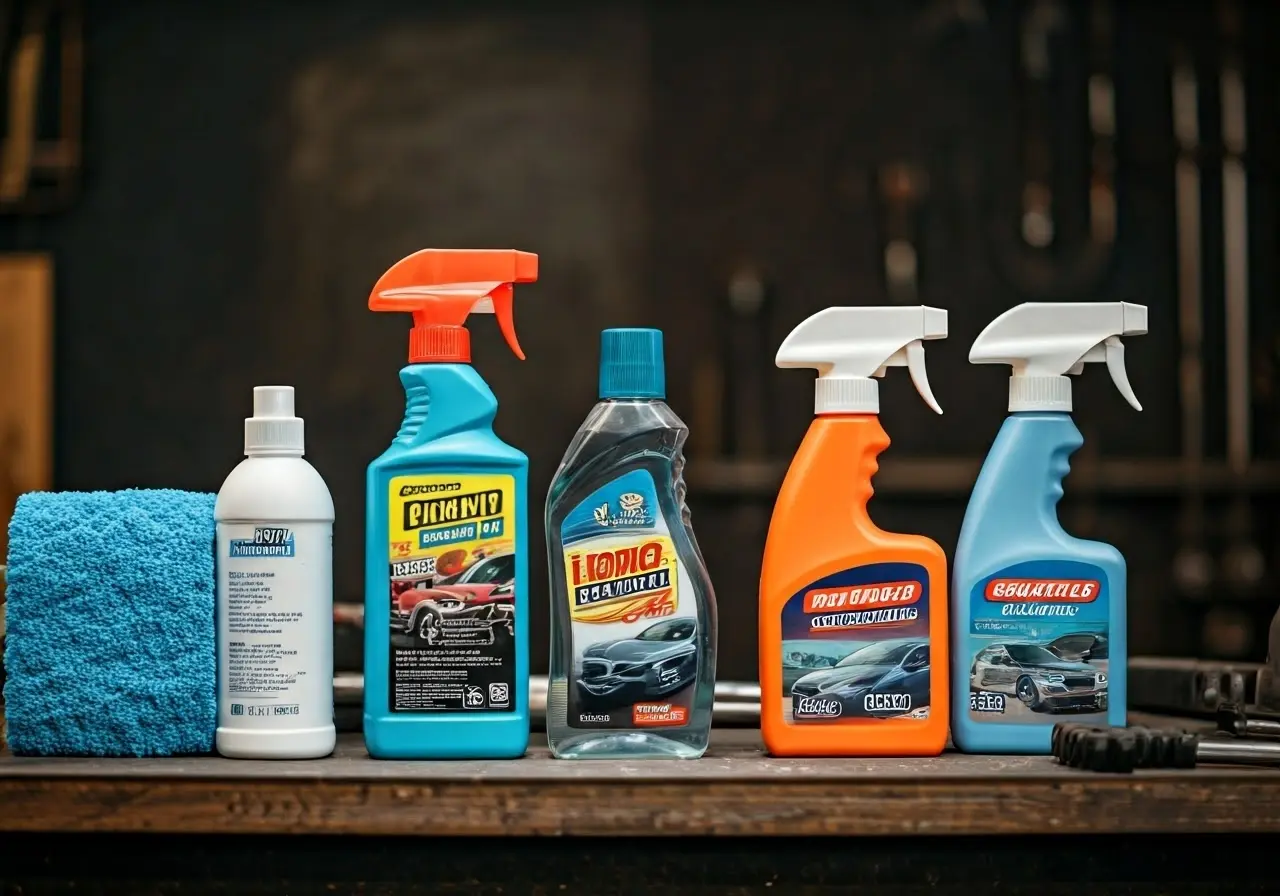 A selection of car cleaning supplies on a workbench. 35mm stock photo