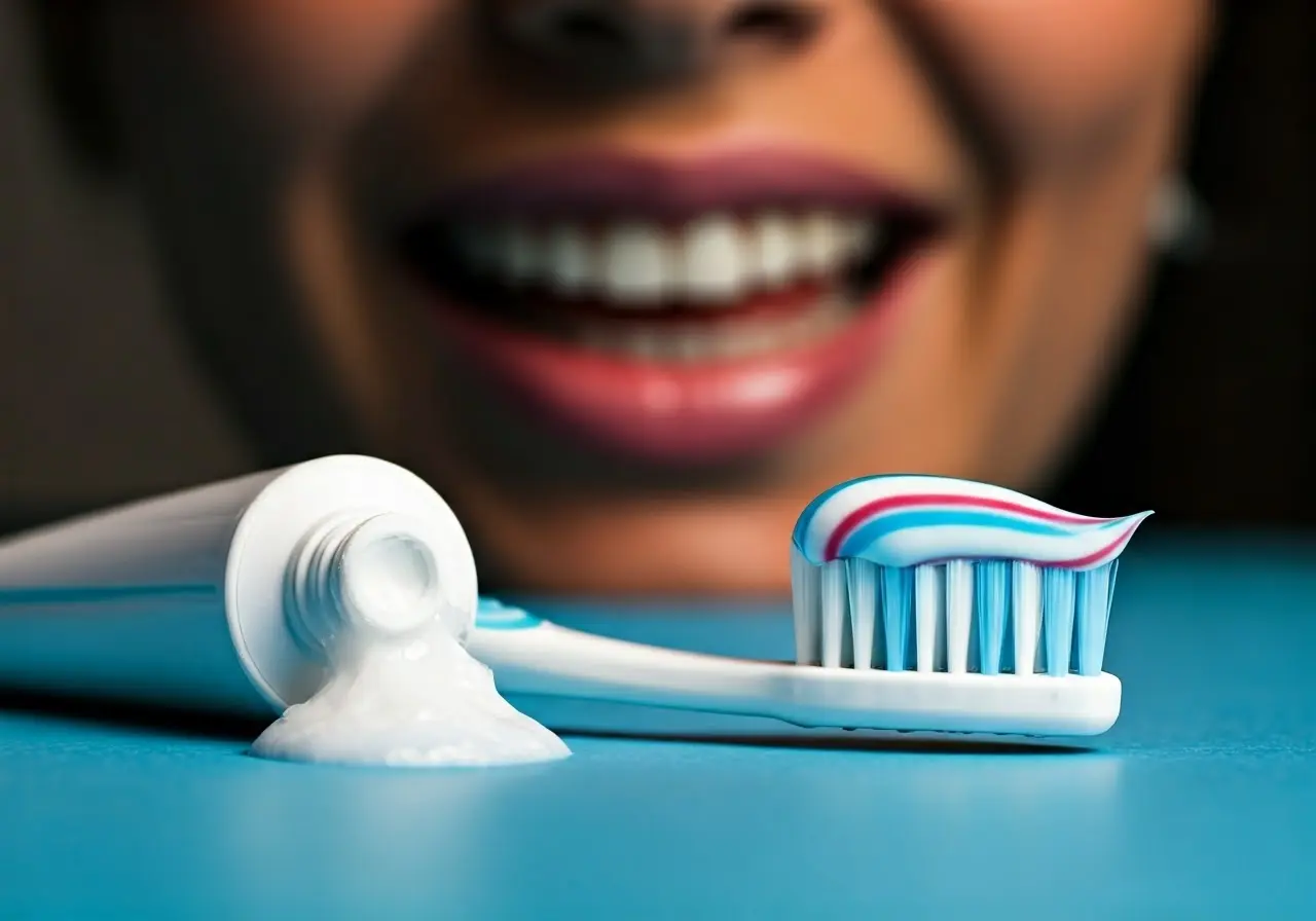 A toothbrush and toothpaste next to a sparkling white smile. 35mm stock photo