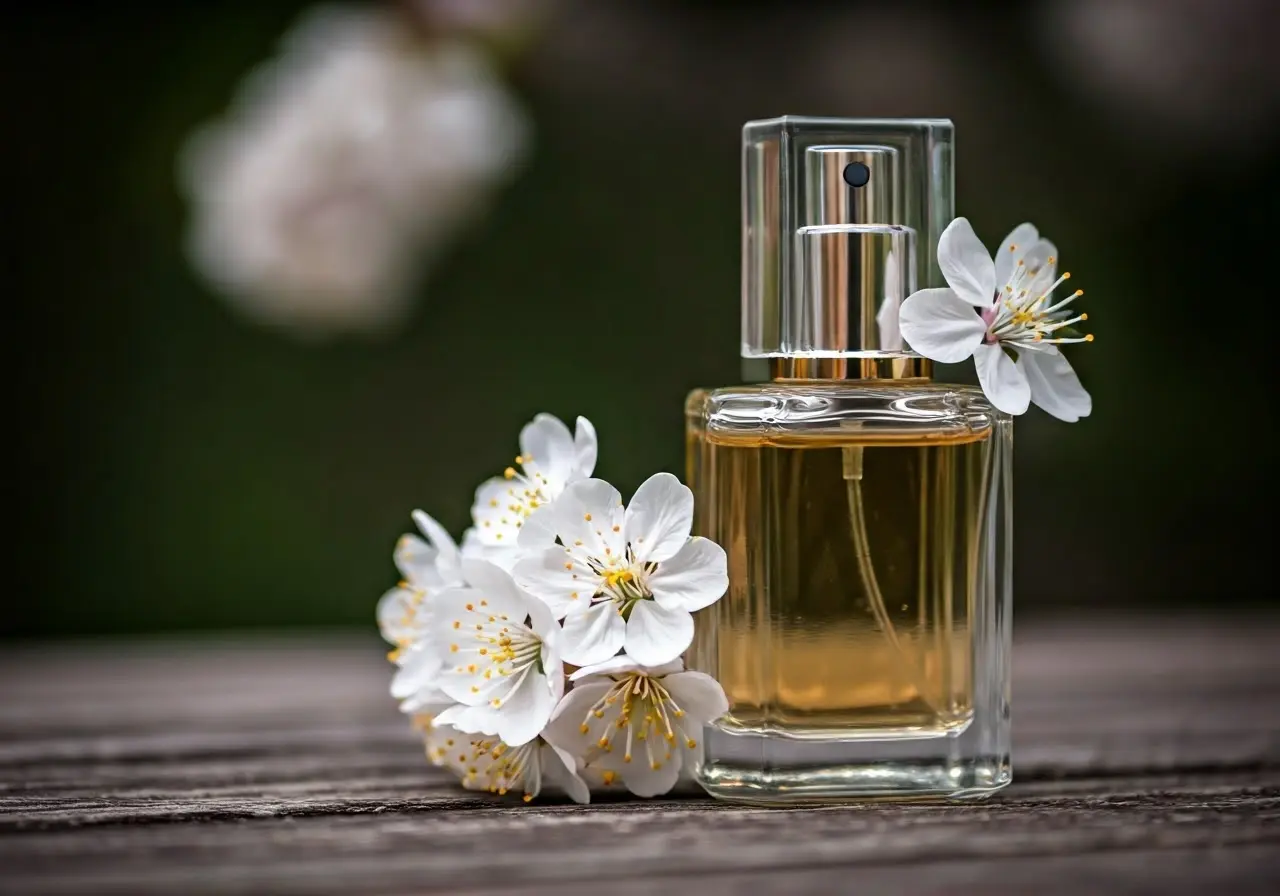 A close-up of a fragrant cherry blossom and perfume bottle. 35mm stock photo