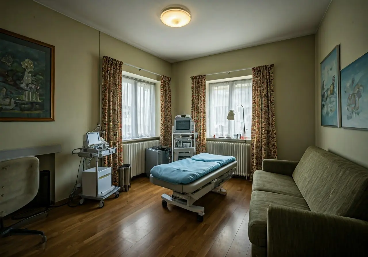 A cozy living room with medical equipment and supplies. 35mm stock photo