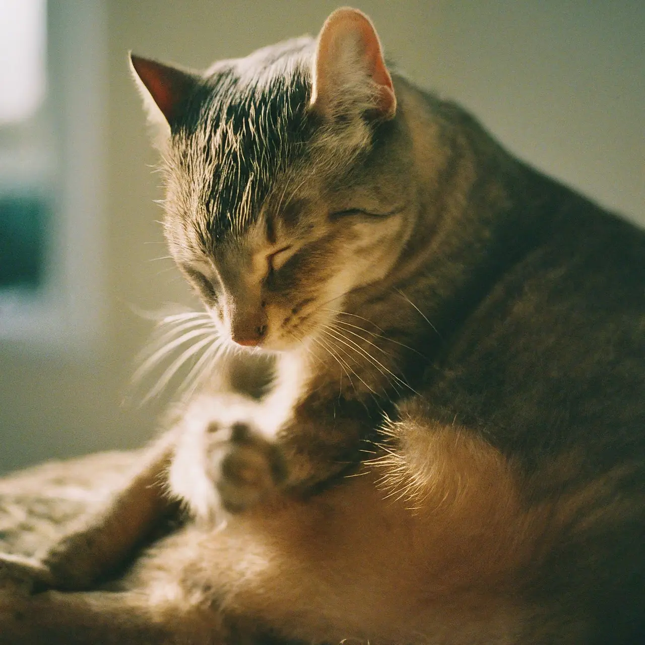 A cat enjoying a relaxing grooming session. 35mm stock photo