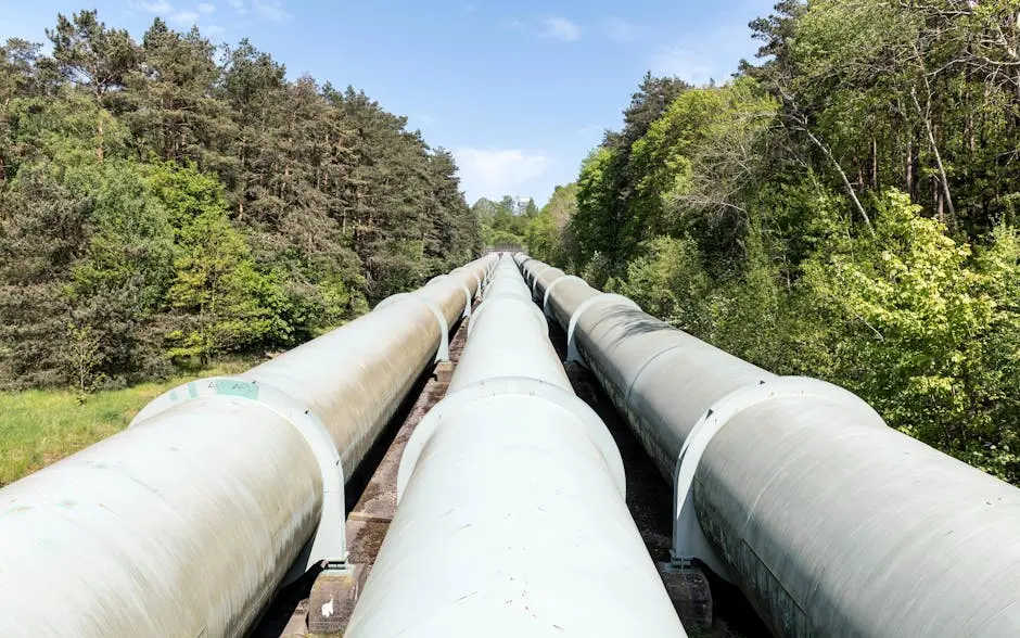 Large industrial pipeline traversing through a green forest in Geesthacht, Germany.