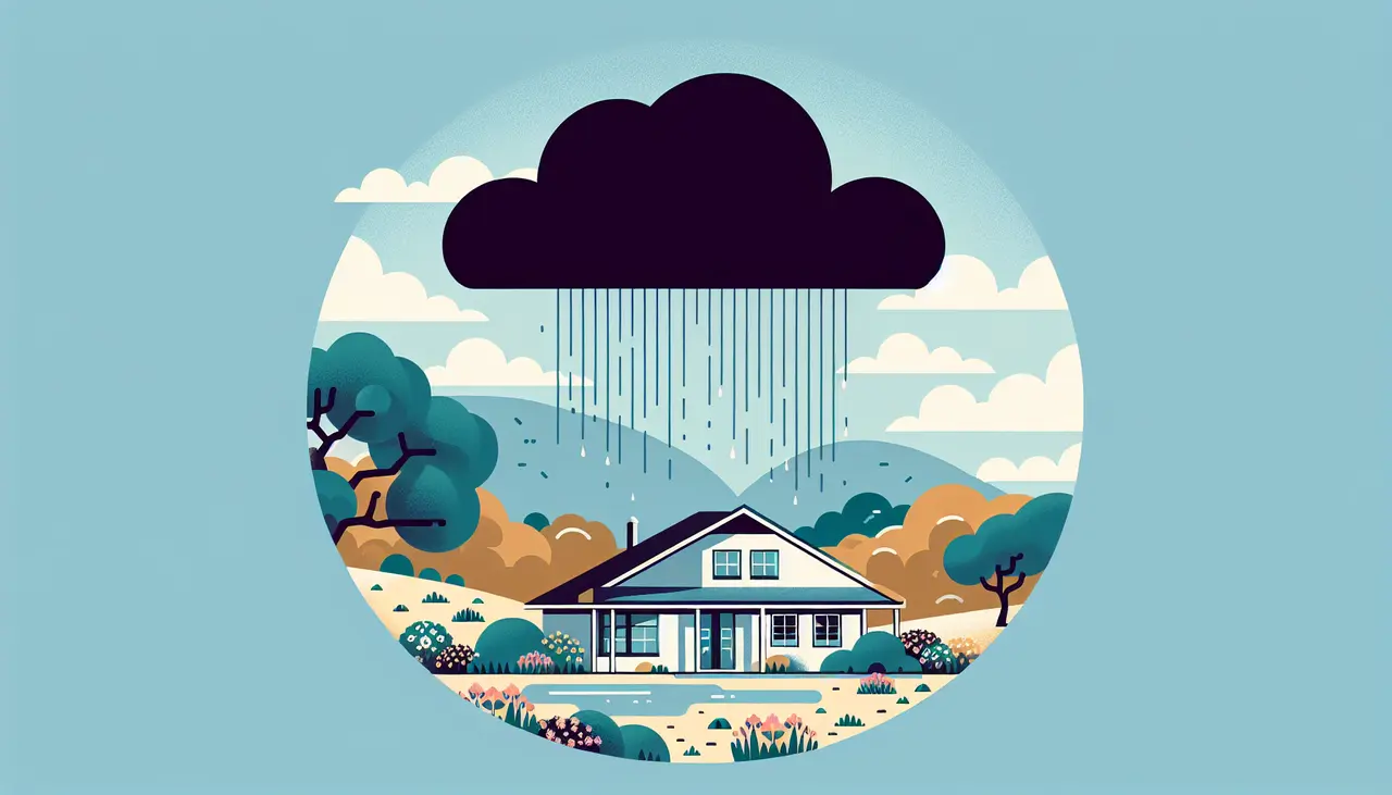 Draw a graphic in flat design style. A minimalist house with exaggerated gutters under a rain cloud, set against a background of Central Texas landscape.