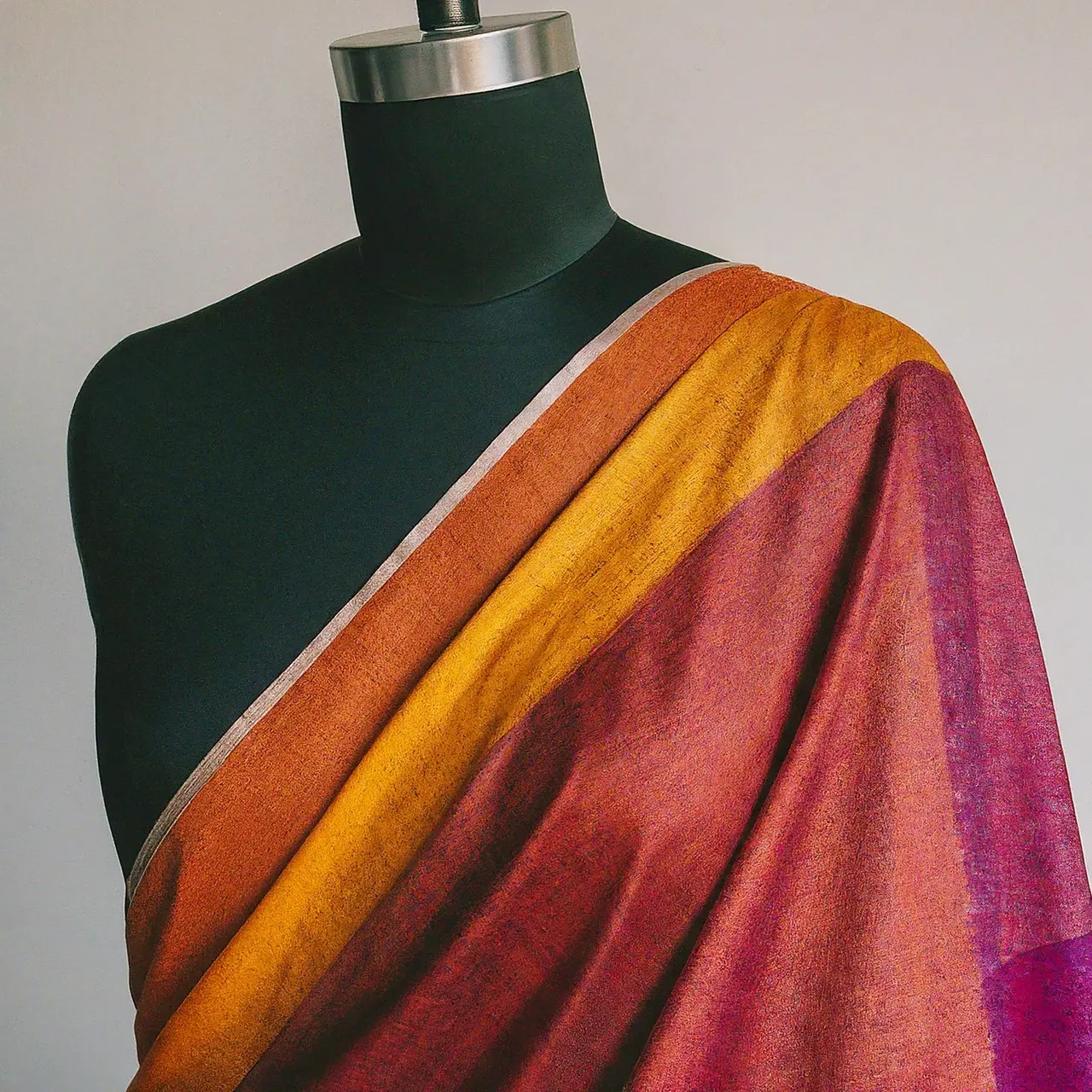 A vibrant, modern saree draped on a stylish mannequin. 35mm stock photo