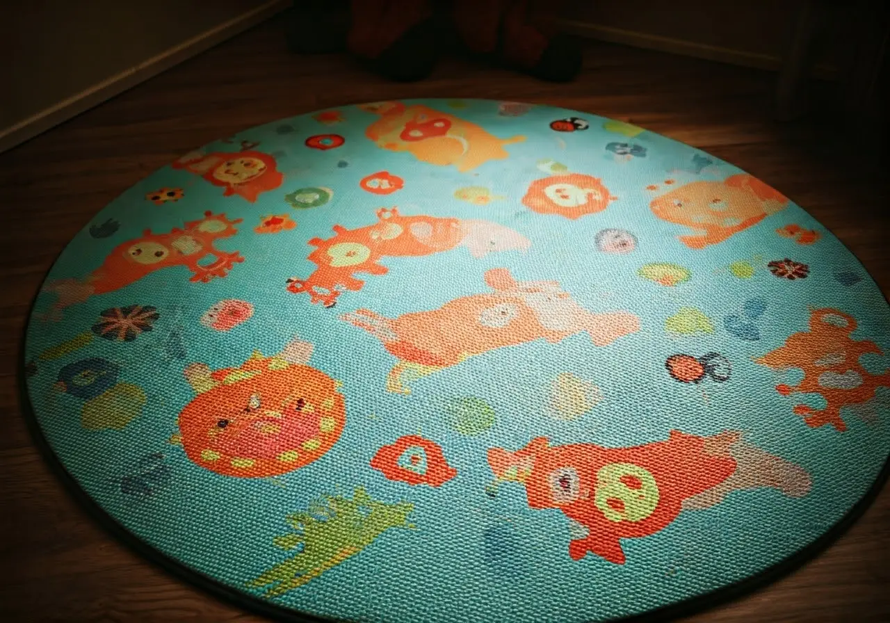 Colorful baby mats arranged on a nursery floor. 35mm stock photo