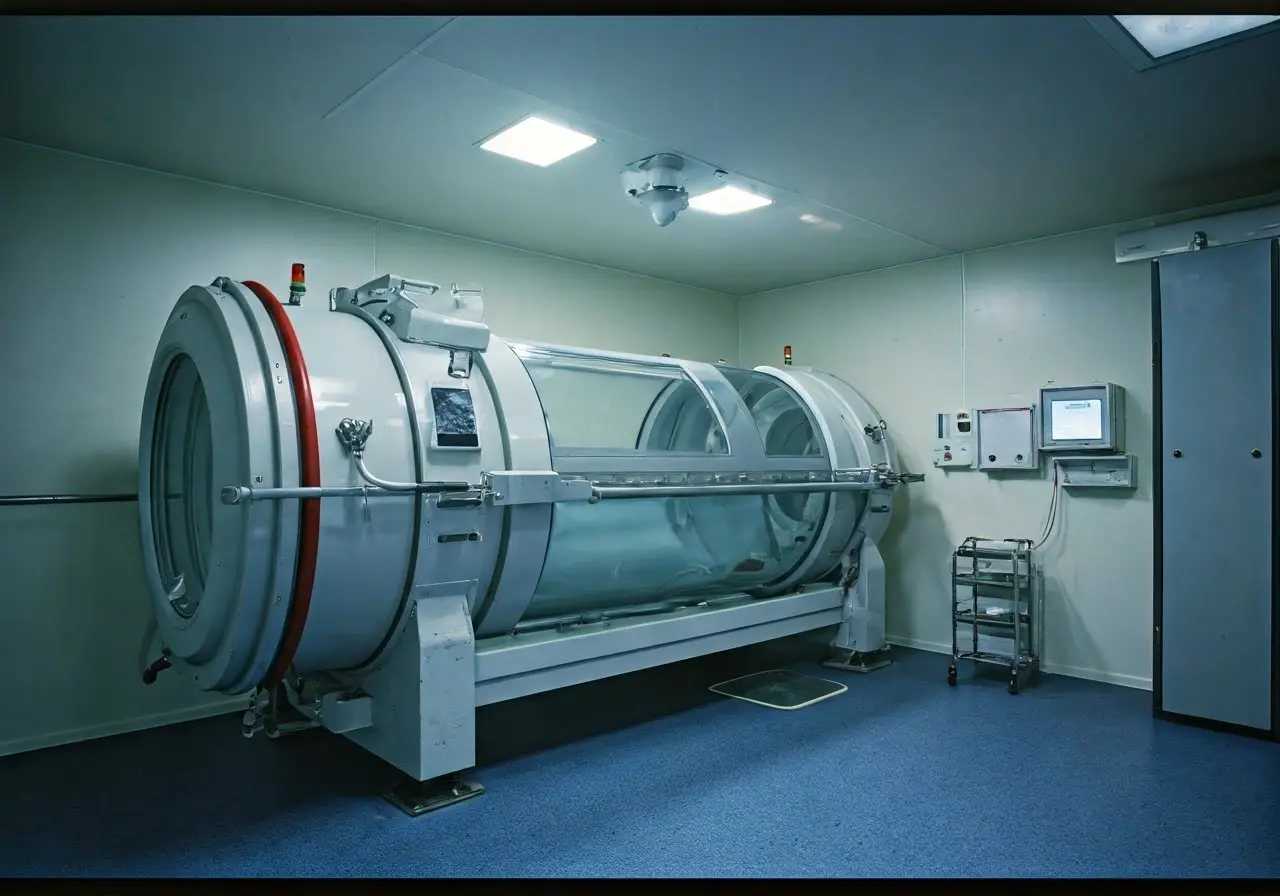 A hyperbaric oxygen chamber in a modern medical facility. 35mm stock photo