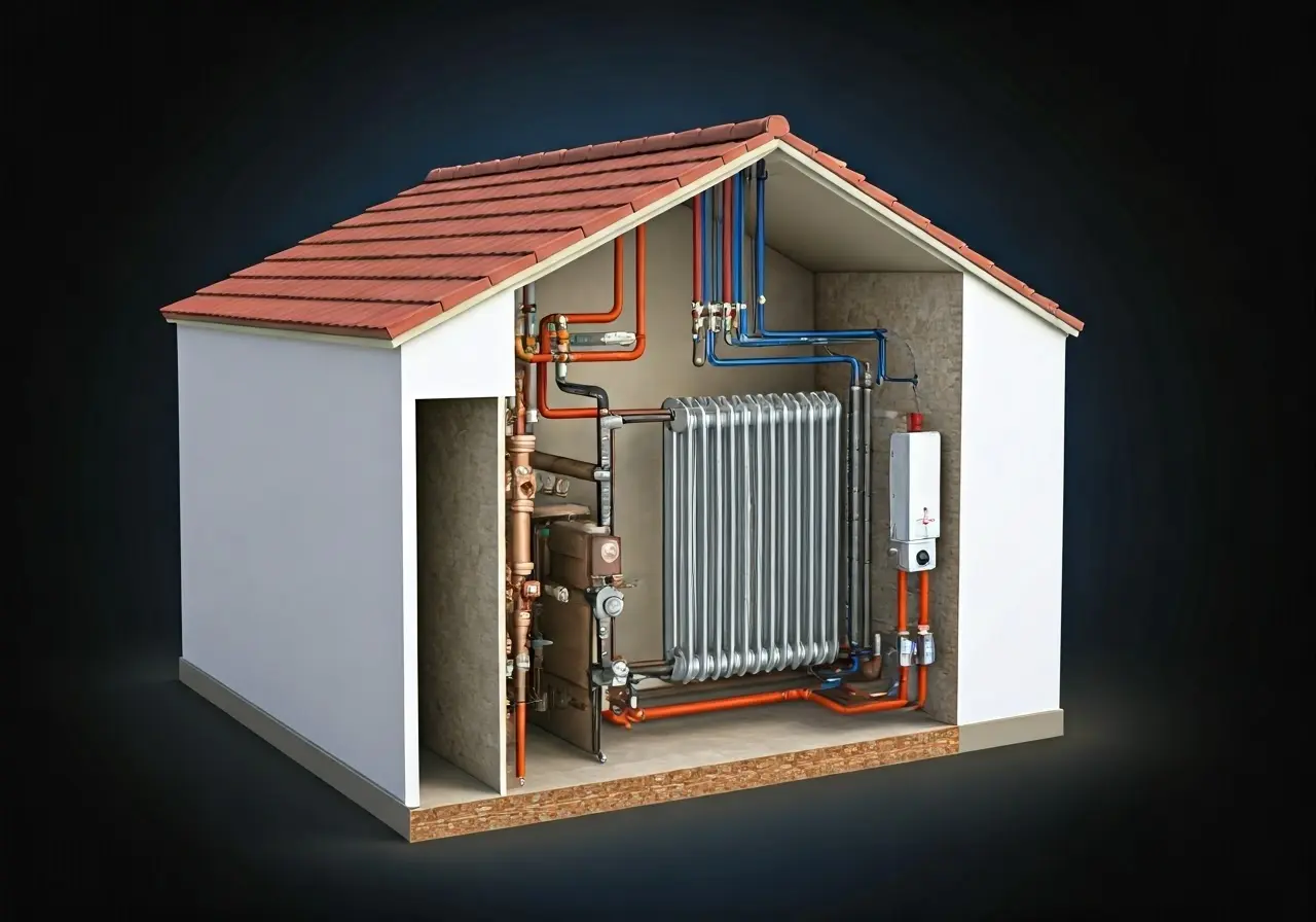 Illustration showing a cutaway view of a home’s heating system. 35mm stock photo