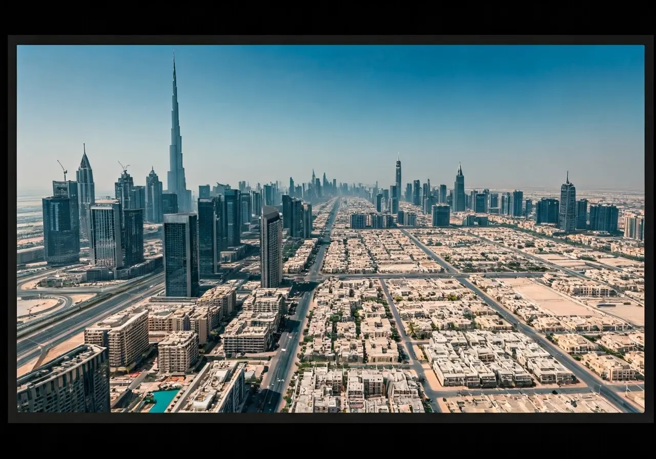 Aerial view of Dubai cityscape with skyscrapers and residential areas. 35mm stock photo