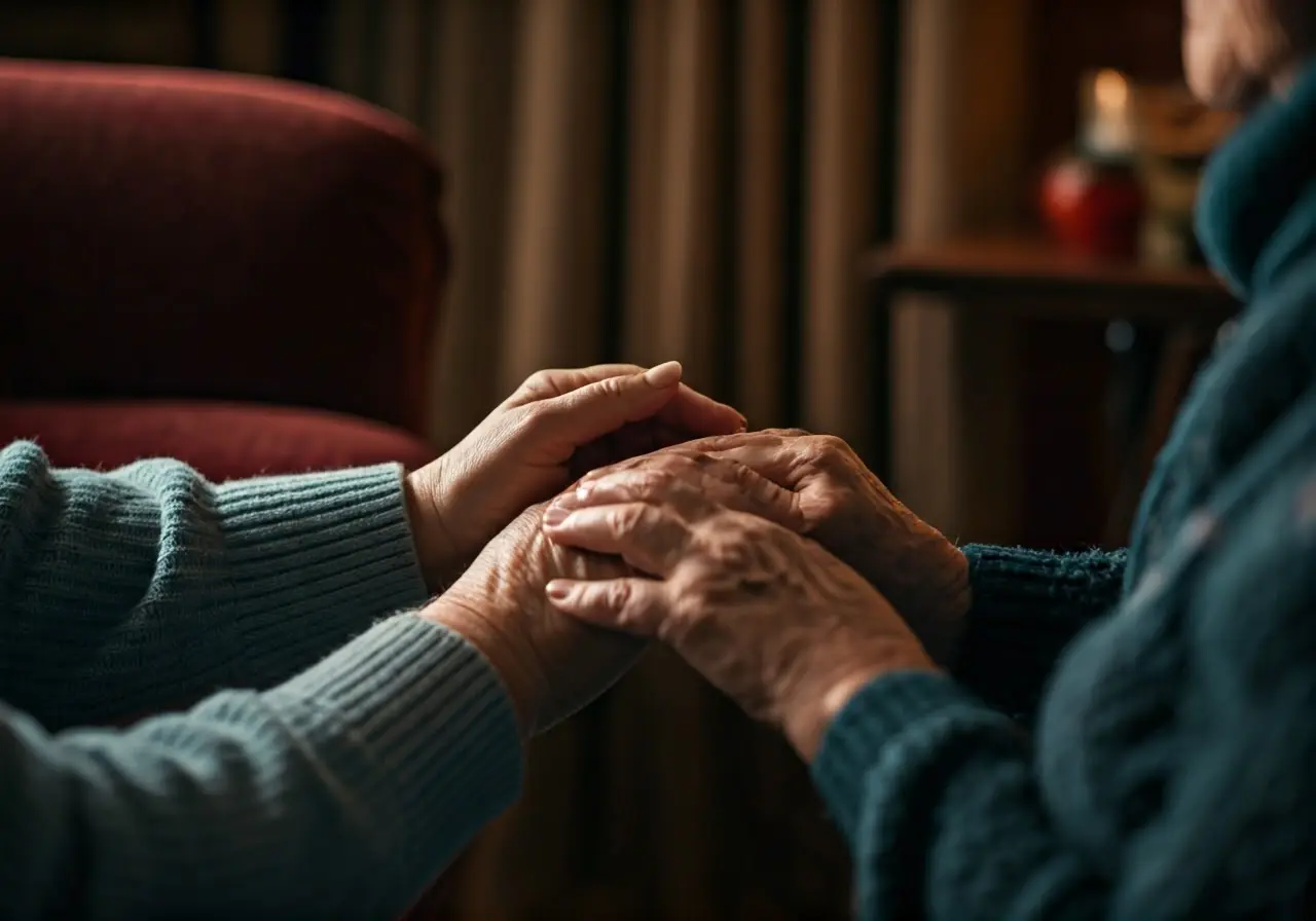 Gentle hands comforting an elderly person in a cozy room. 35mm stock photo