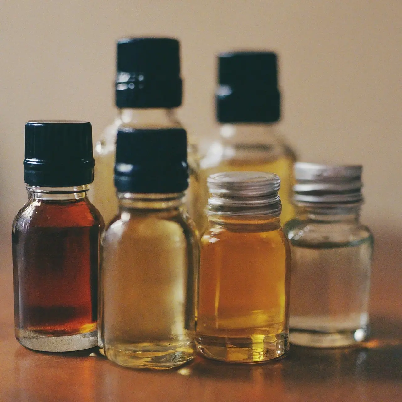 Assorted exotic perfume oils in small glass bottles on table. 35mm stock photo