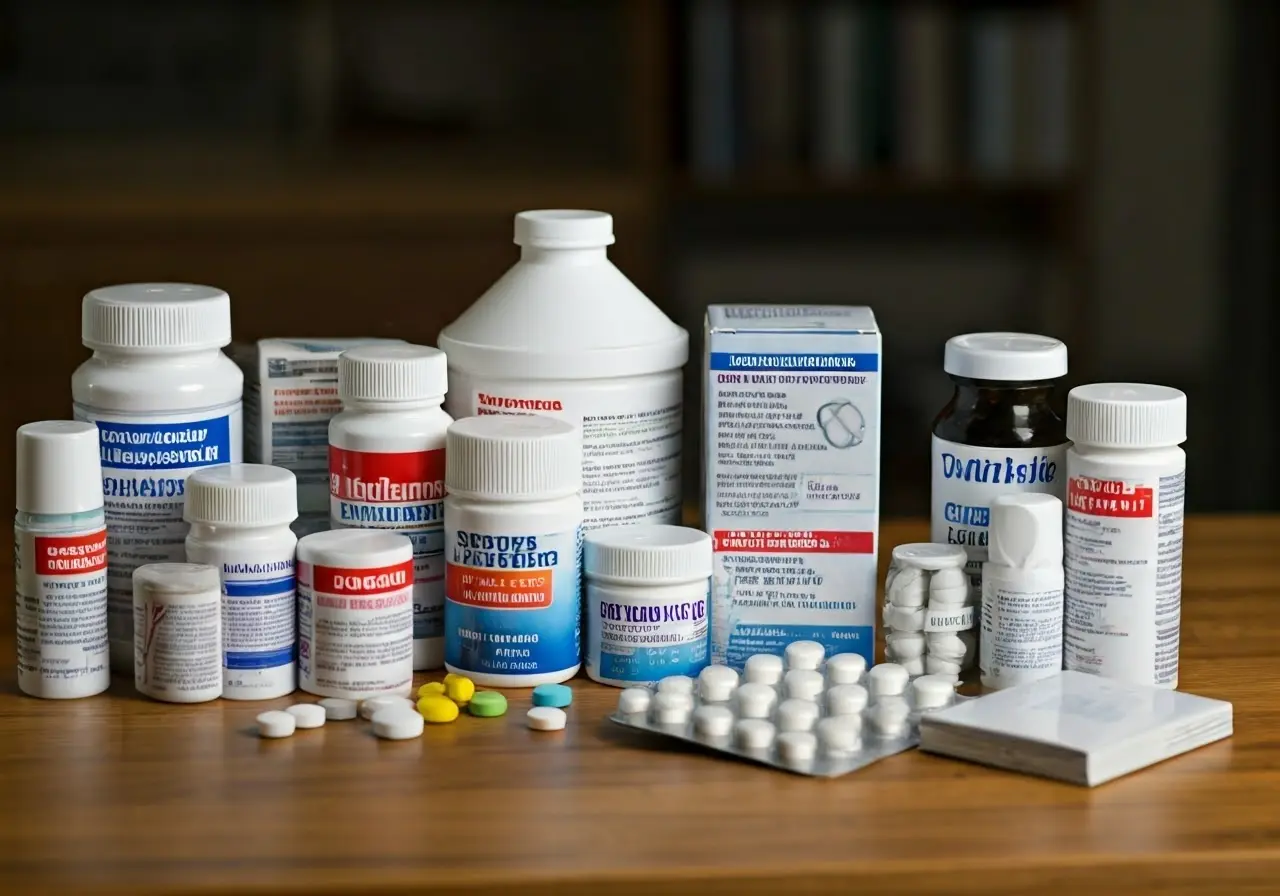 A variety of anti-nausea remedies displayed on a countertop. 35mm stock photo