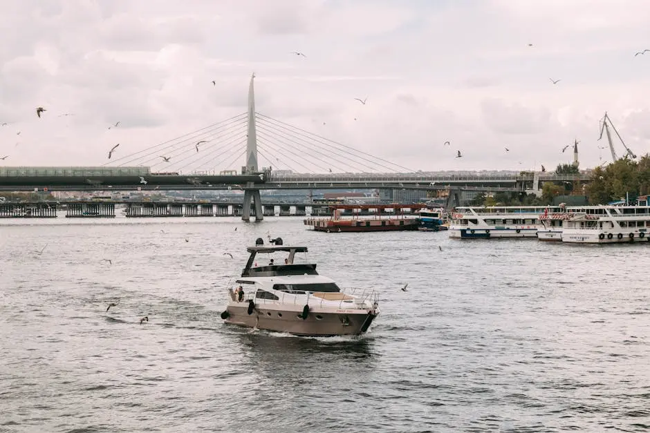 A modern boat sails along a river with a scenic bridge and city backdrop, ideal for travel imagery.