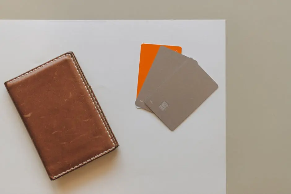 A leather wallet and credit cards on a minimalist background, ideal for financial themes.