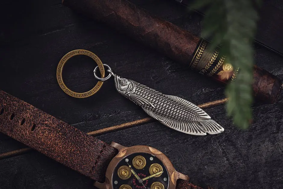 Arowana Box Opener Keychain between Wristwatch and Cigar