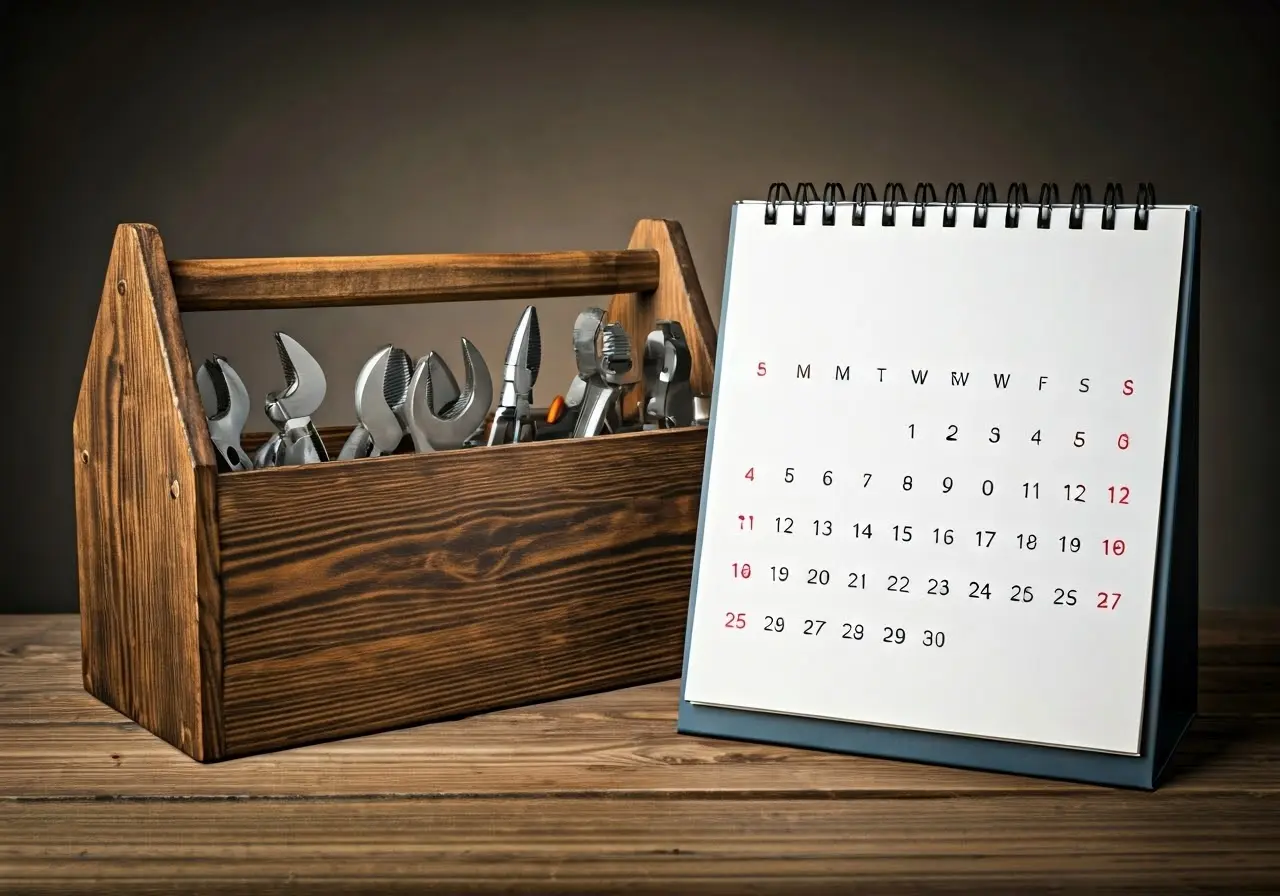 A toolbox and calendar on a wooden table. 35mm stock photo