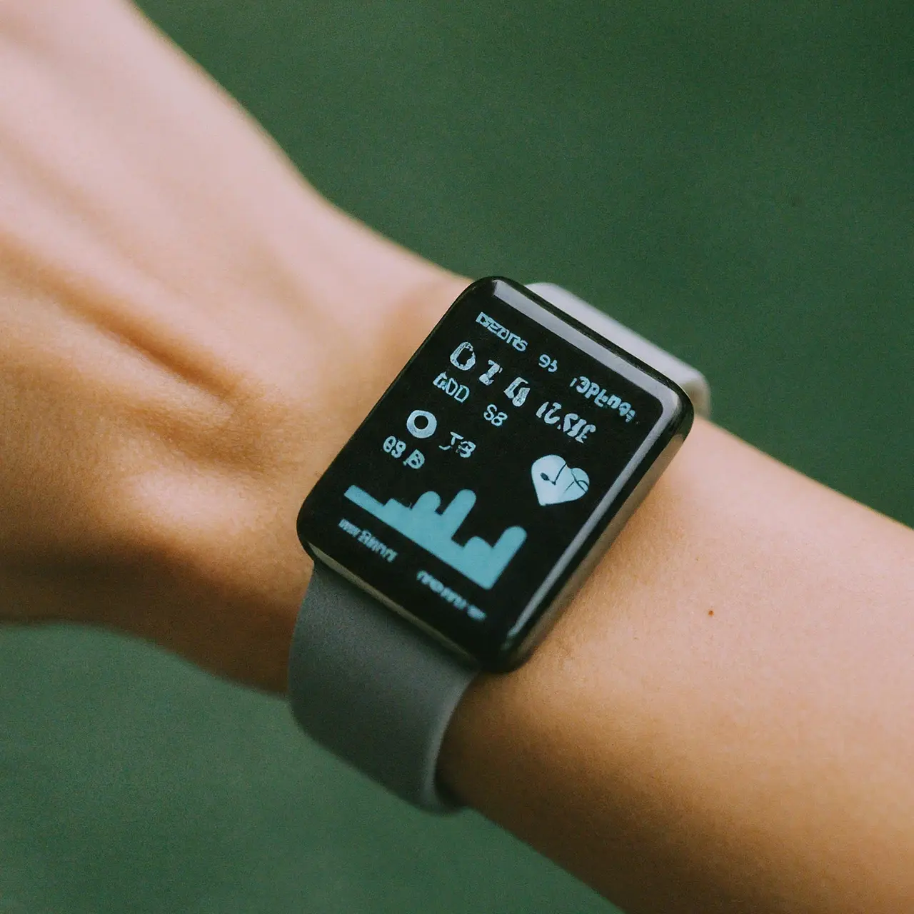 A sleek wearable device displaying health metrics on a digital interface. 35mm stock photo