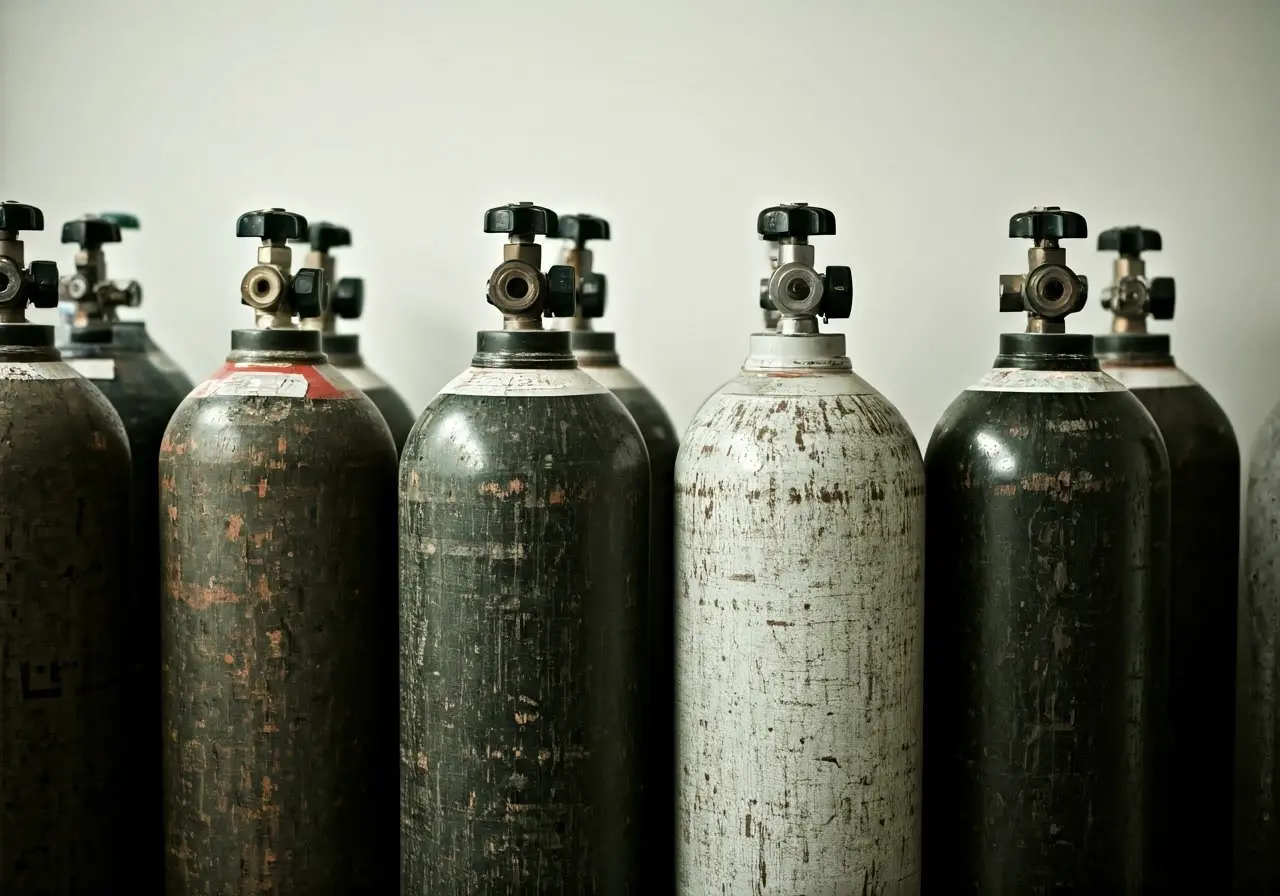 Oxygen tanks lined up in a medical supply room. 35mm stock photo