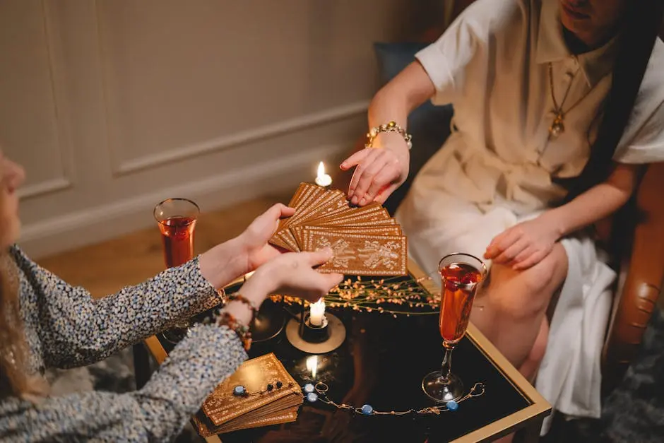 Two women engaged in a mystical tarot card reading session in a cozy indoor setting.