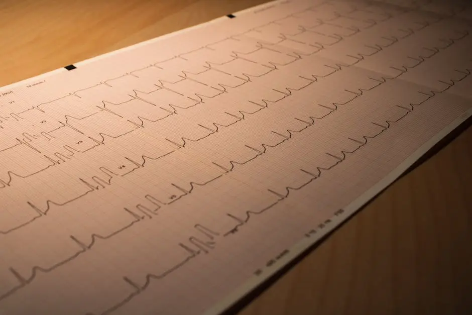 Close-up of an ECG printout depicting heart activity, placed on a wooden surface.