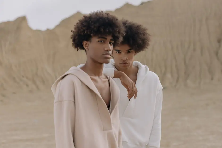 Stylish portrait of two young men with afro-textured hair wearing neutral-toned hoodies in an outdoor setting.