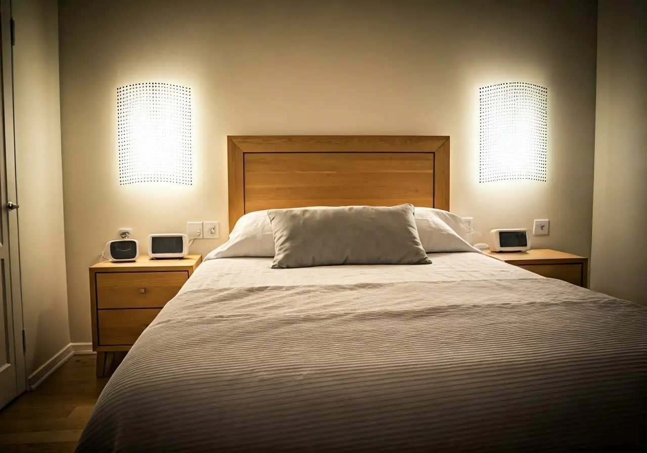 A serene bedroom with EMF shielding devices displayed prominently. 35mm stock photo