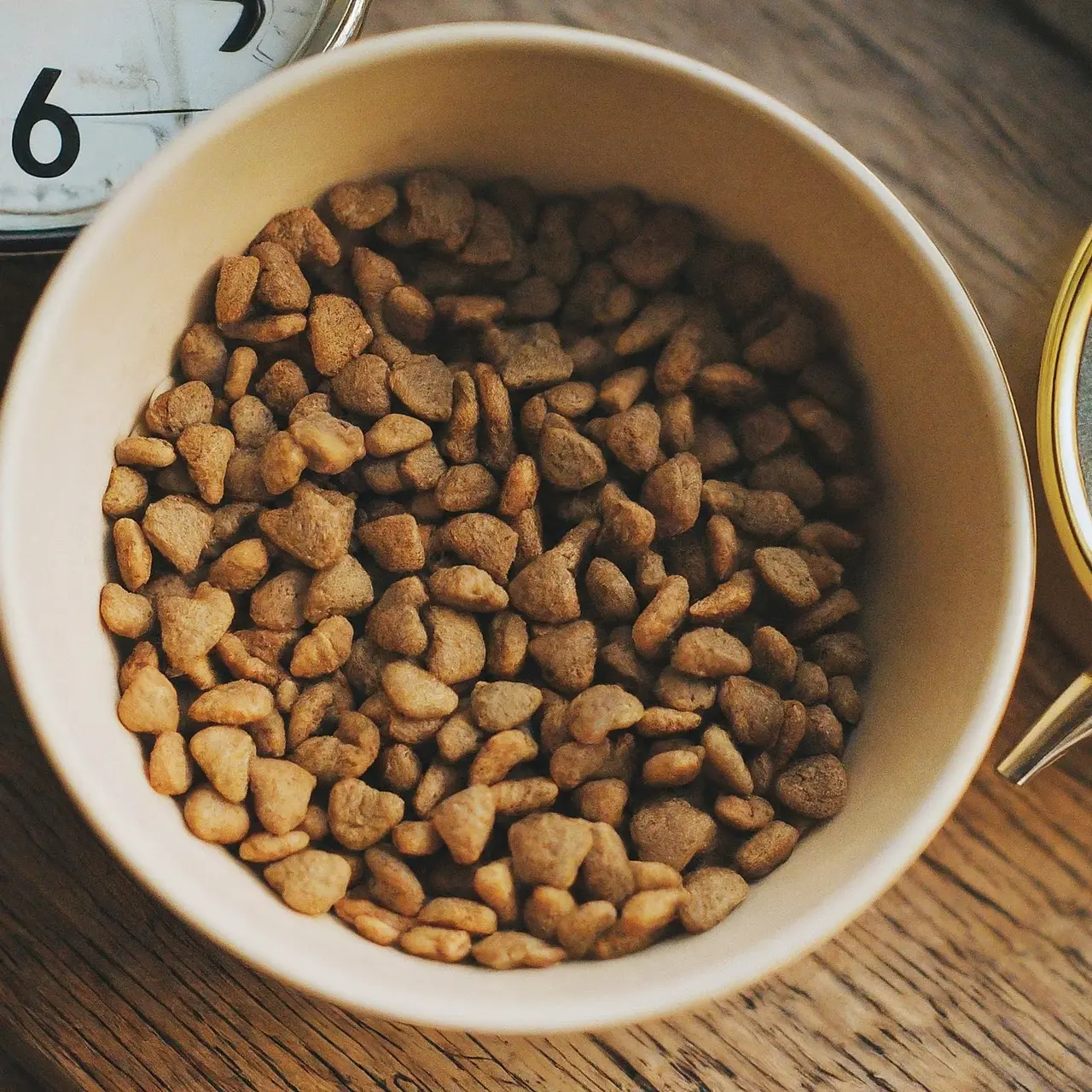 A bowl of cat food with a clock beside it. 35mm stock photo