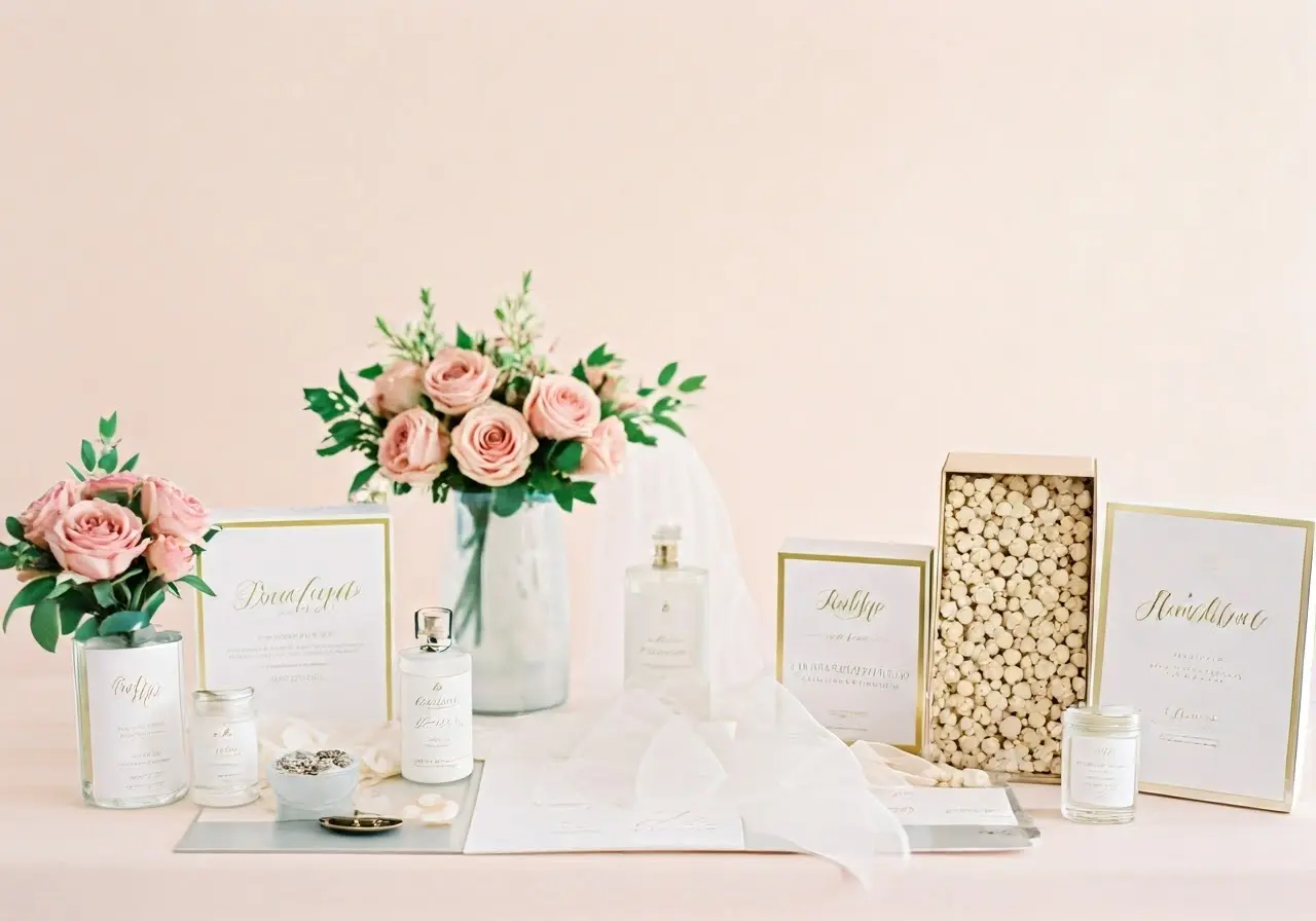 A variety of bridal subscription box contents elegantly displayed. 35mm stock photo