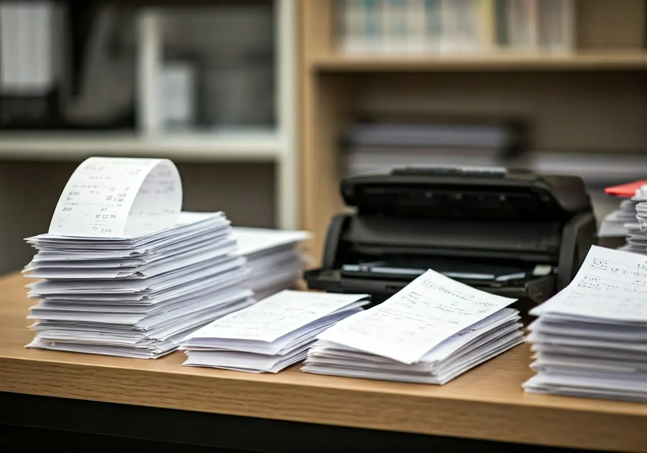 A cluttered desk filled with paper receipts and a scanner. 35mm stock photo