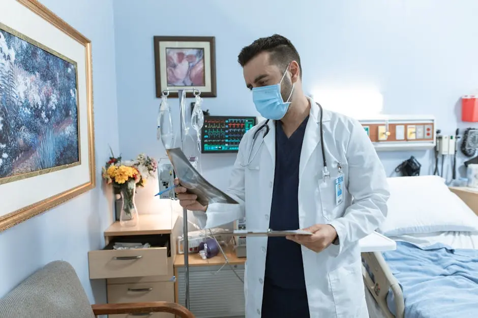 A male doctor wearing a face mask reviews an X-ray in a hospital room, focusing on patient diagnosis.