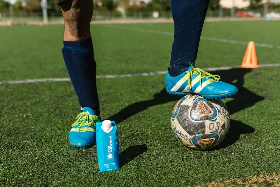 Close-up of a soccer player in blue cleats on a field during training.