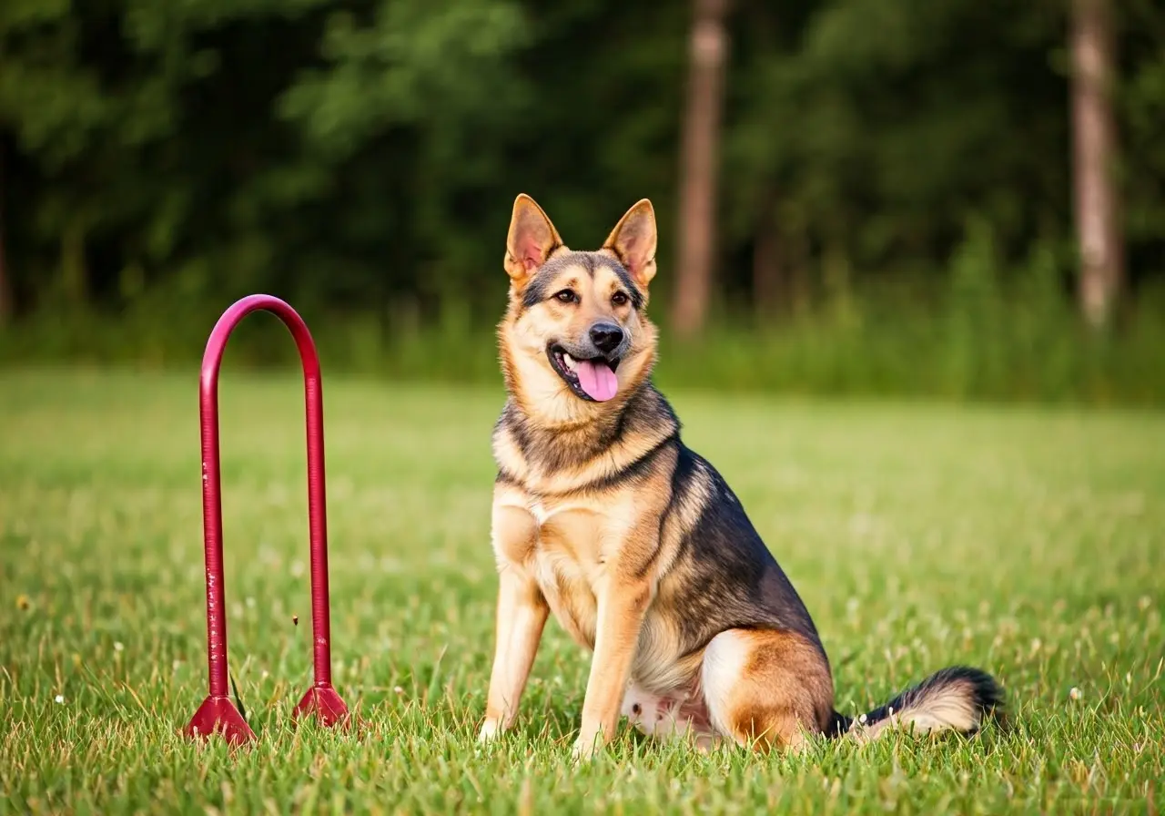 A dog sitting attentively beside training equipment outdoors. 35mm stock photo