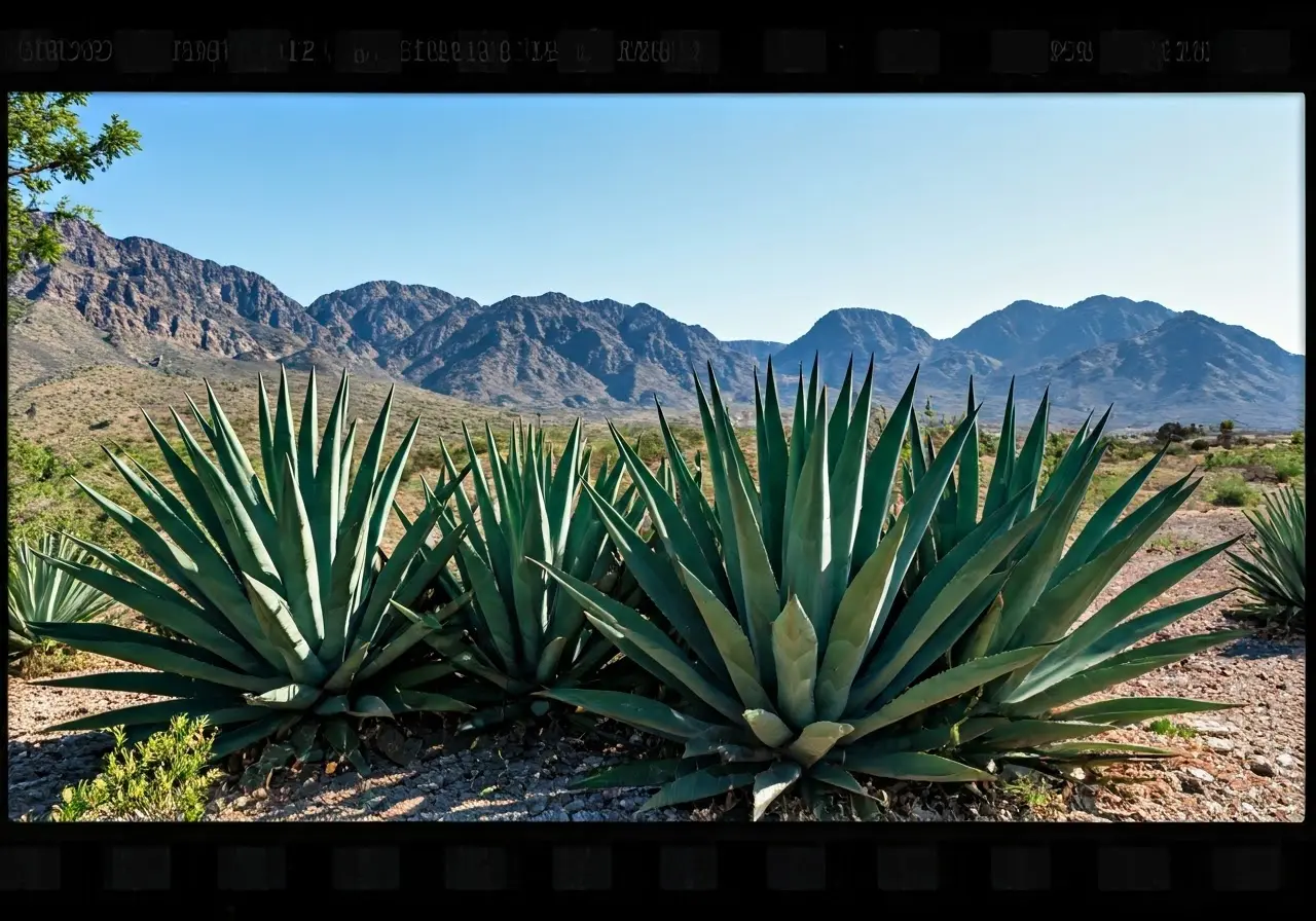 Agave plants with mountains in the background. 35mm stock photo