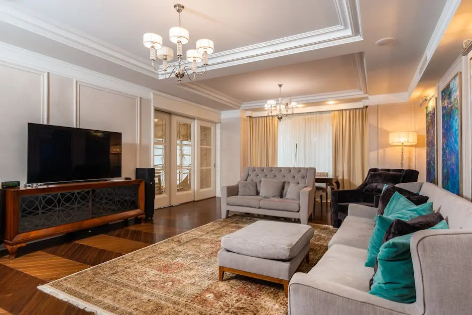 A Modern Living Room with Chandeliers