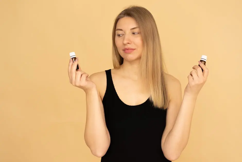 A woman holding essential oil bottles in a neutral setting, showcasing skincare and wellness.