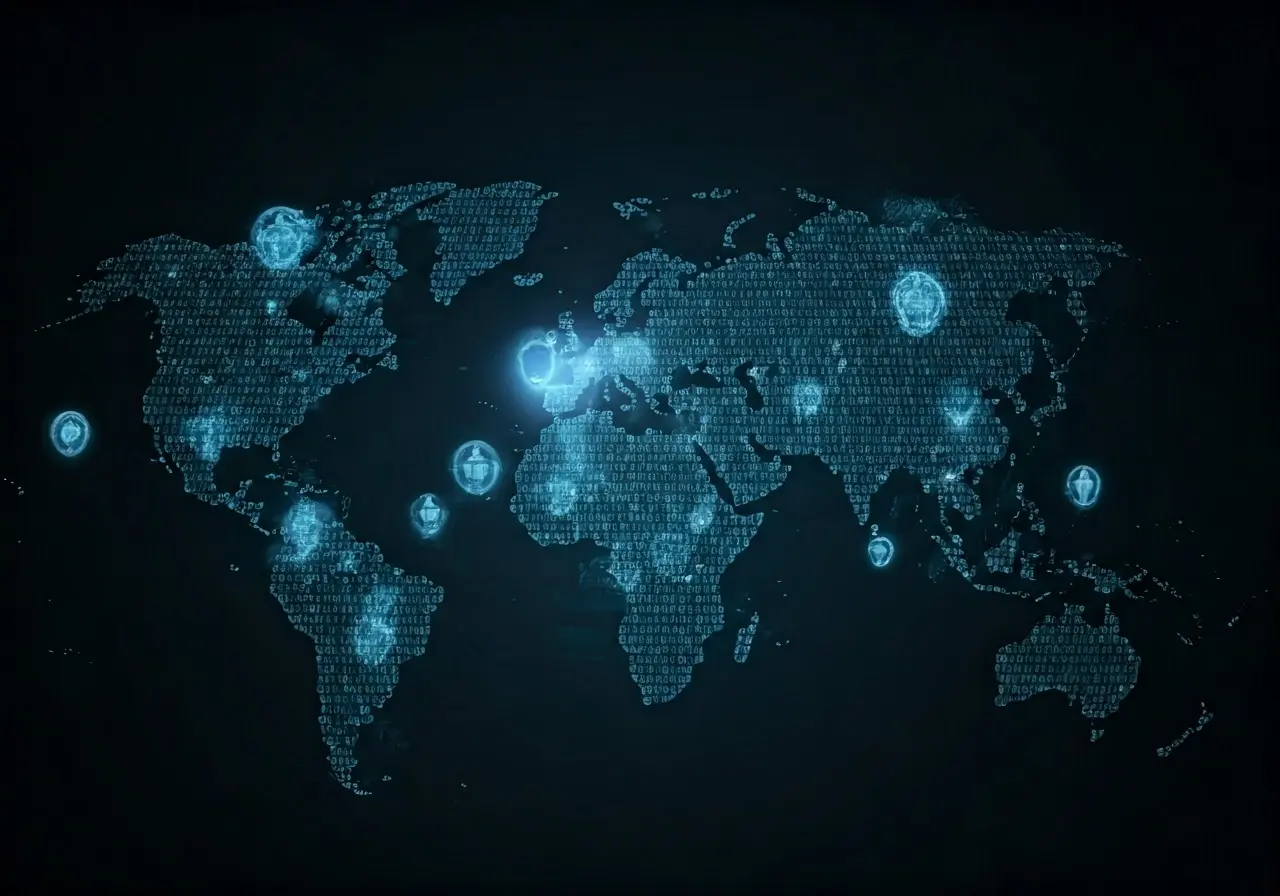 A world map overlaid with digital logistics icons. 35mm stock photo